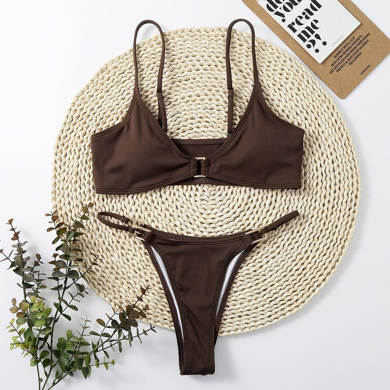 2 PCS Solid Ribbed Swimsuit - Small / Brown | LIMITLESS FIT WEAR