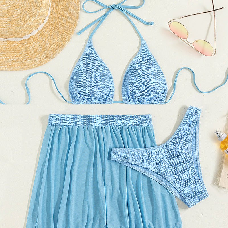 3 Piece Blue Textured Retro Style Swimwear - | LIMITLESS FIT WEAR