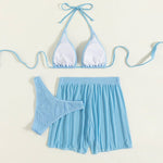 3 Piece Blue Textured Retro Style Swimwear - | LIMITLESS FIT WEAR