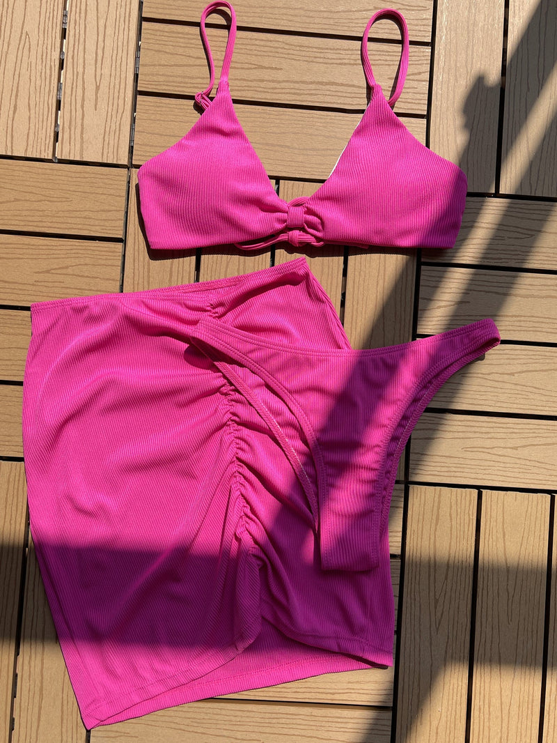 3 Piece Sexy Cover Up High Waist Bikini - Small / Pink | LIMITLESS FIT WEAR