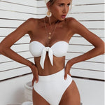 Knotted Ribbed High Waist Solid Color Tube Bikini - Small / White | LIMITLESS FIT WEAR