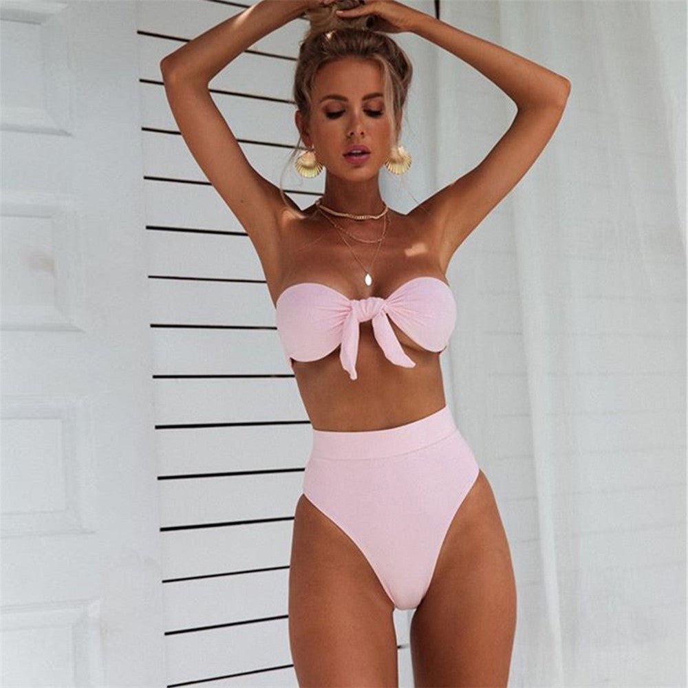 Knotted Ribbed High Waist Solid Color Tube Bikini - Small / Pink | LIMITLESS FIT WEAR
