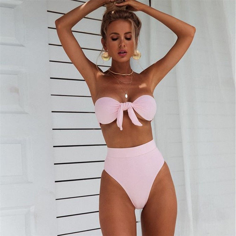Knotted Ribbed High Waist Solid Color Tube Bikini - Small / Pink | LIMITLESS FIT WEAR