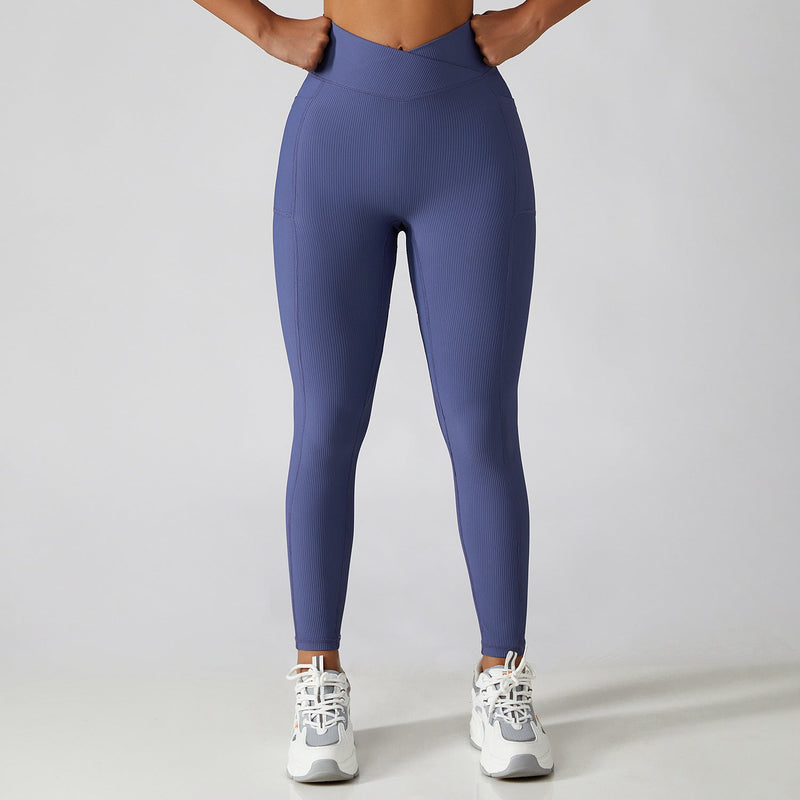 Ribbed V-Shaped Pockets Leggings - XS / Navy | LIMITLESS FIT WEAR